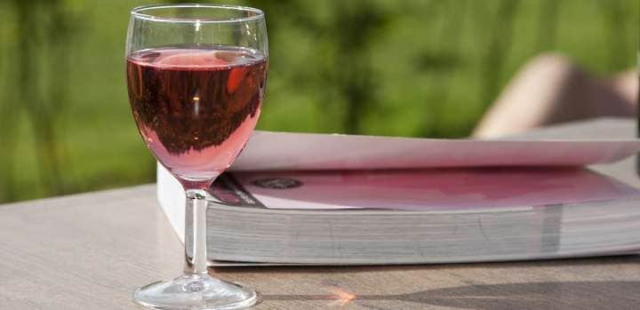 boktips ett glas rosé och en bok i solen