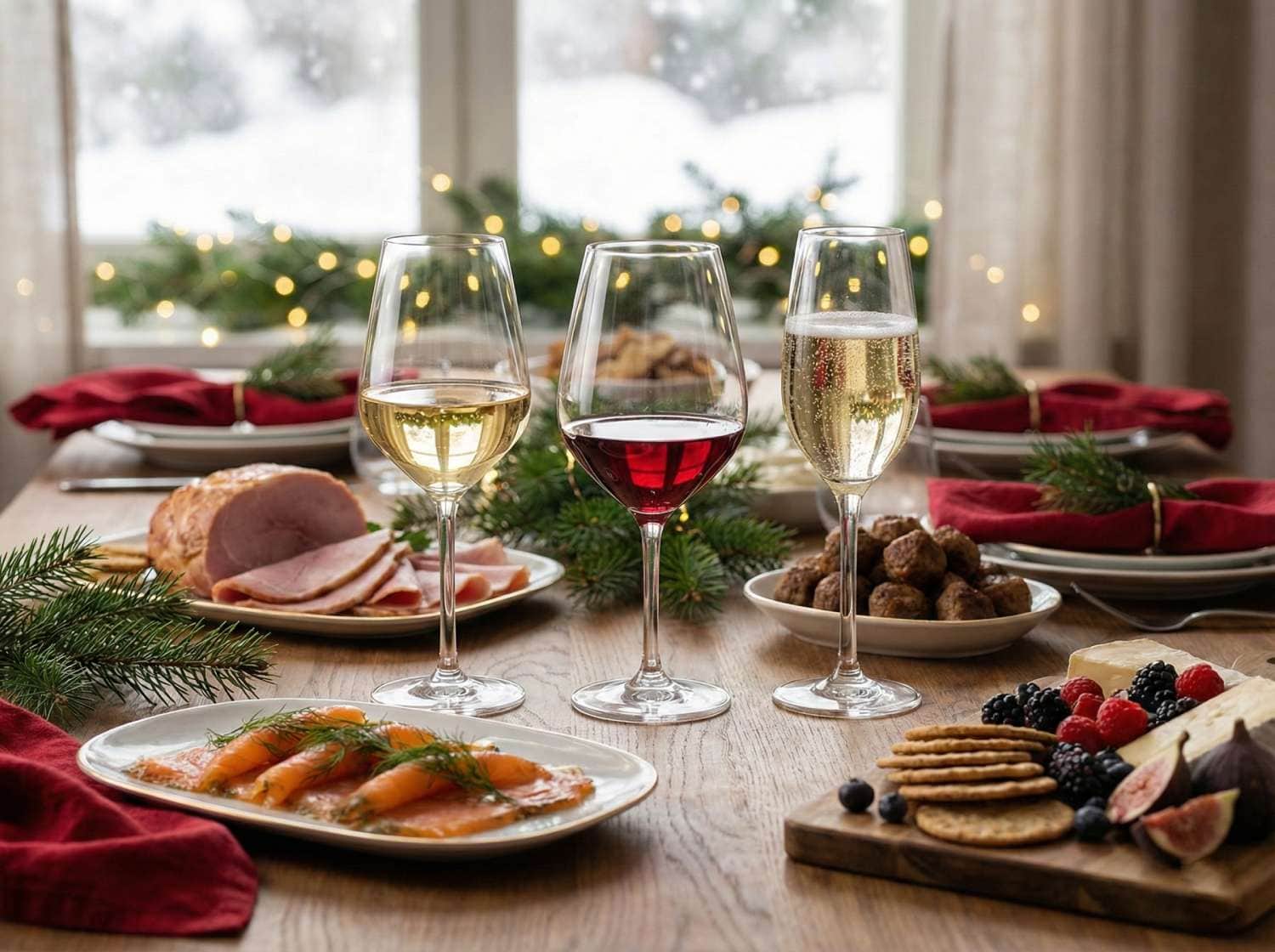 A warm Christmas table scene with a Nordic julbord setup.