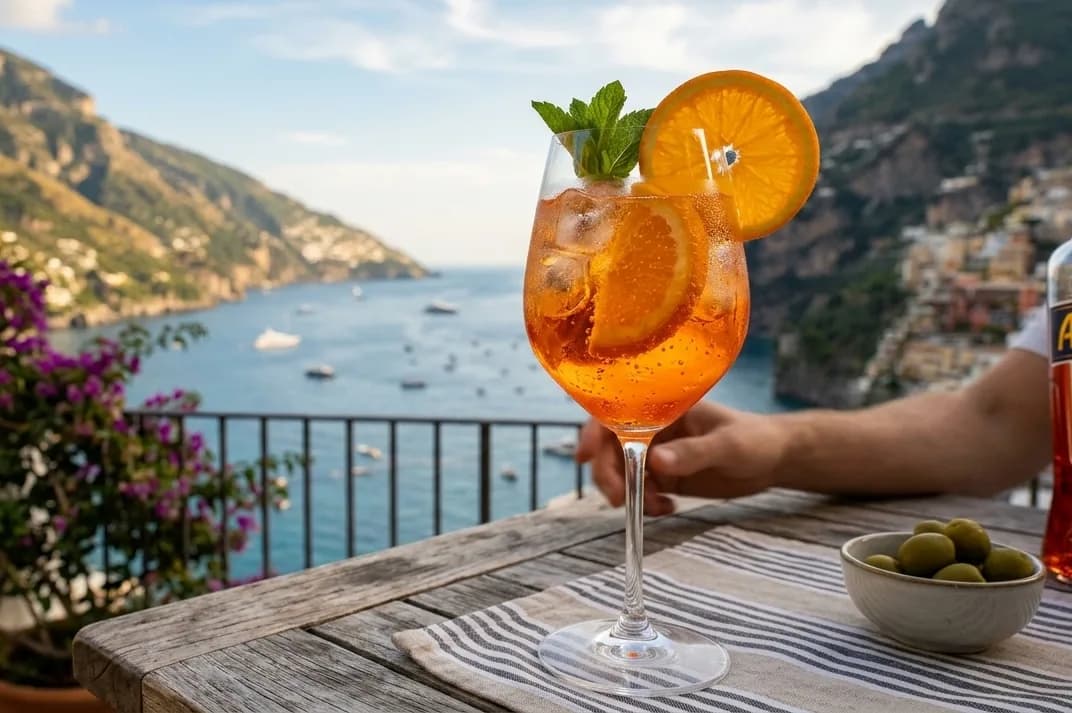 Ett glas Aperol Spritz med is, apelsinskiva och mynta som garnering.
