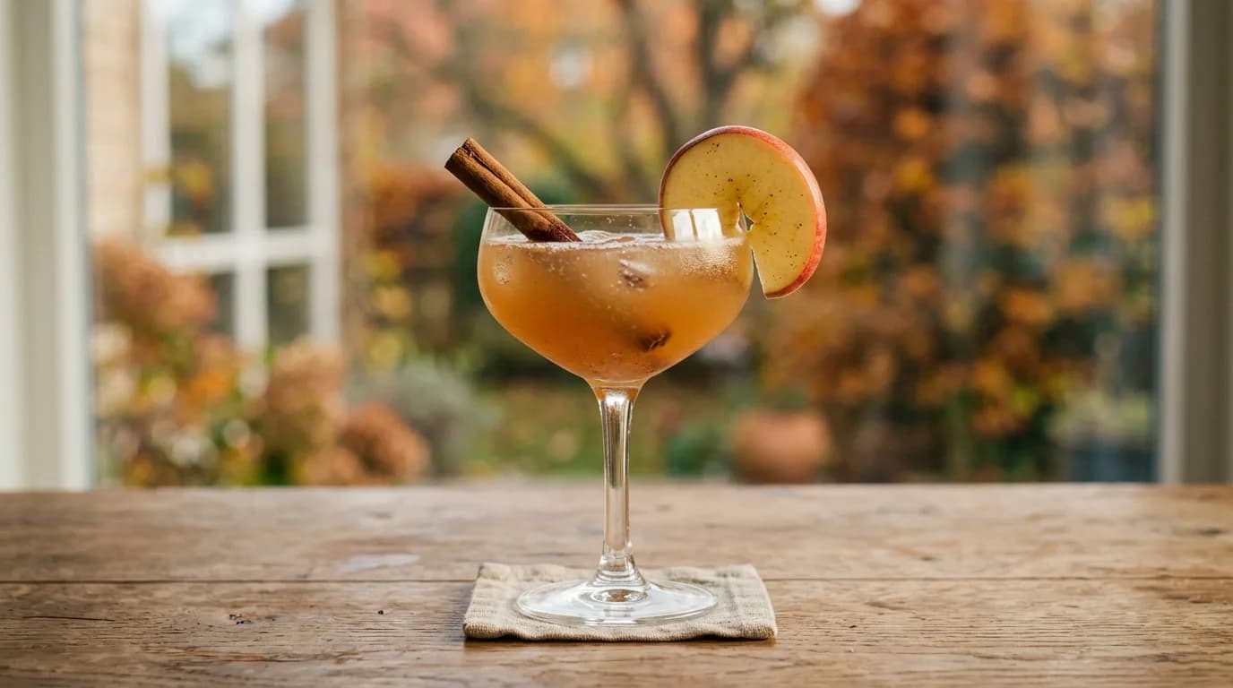 Ett glas med äppel- och kanelmocktail, garnerat med en kanelstång och äppelskiva.