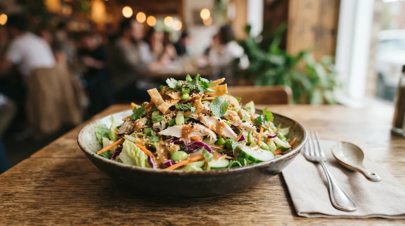 Asiatisk kycklingsallad på tallrik med suddig bakgrund