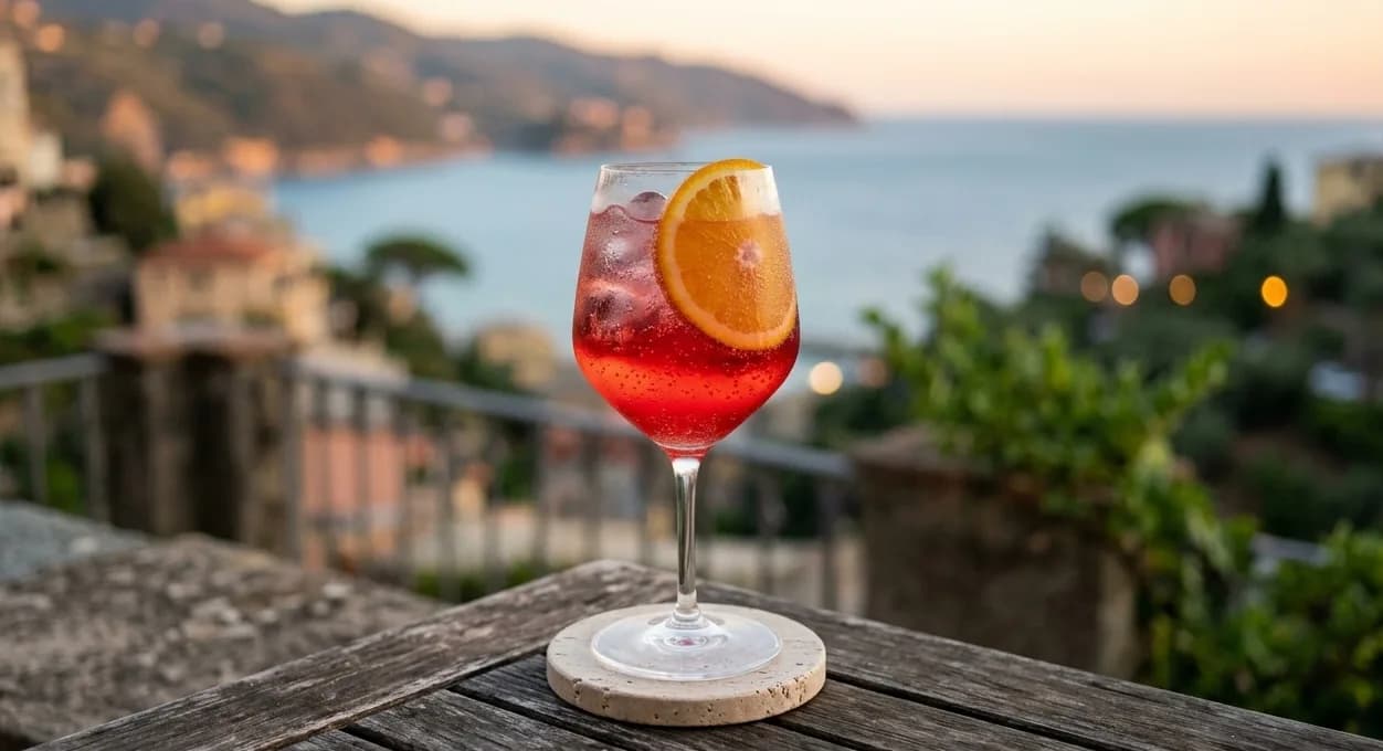 Ett glas Campari Soda med en apelsinskiva och isbitar.