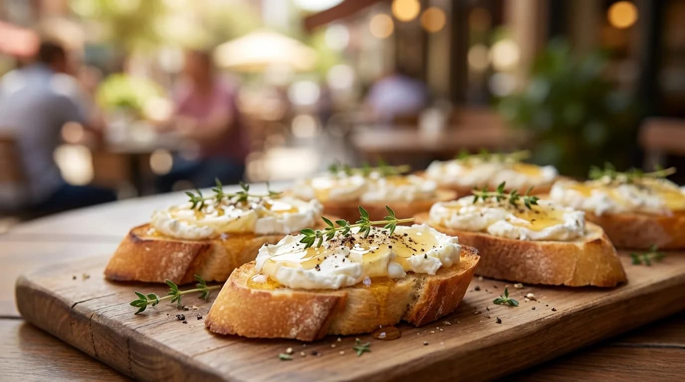 Crostini med getost och honung på ett fat, perfekt som förrätt eller tilltugg.