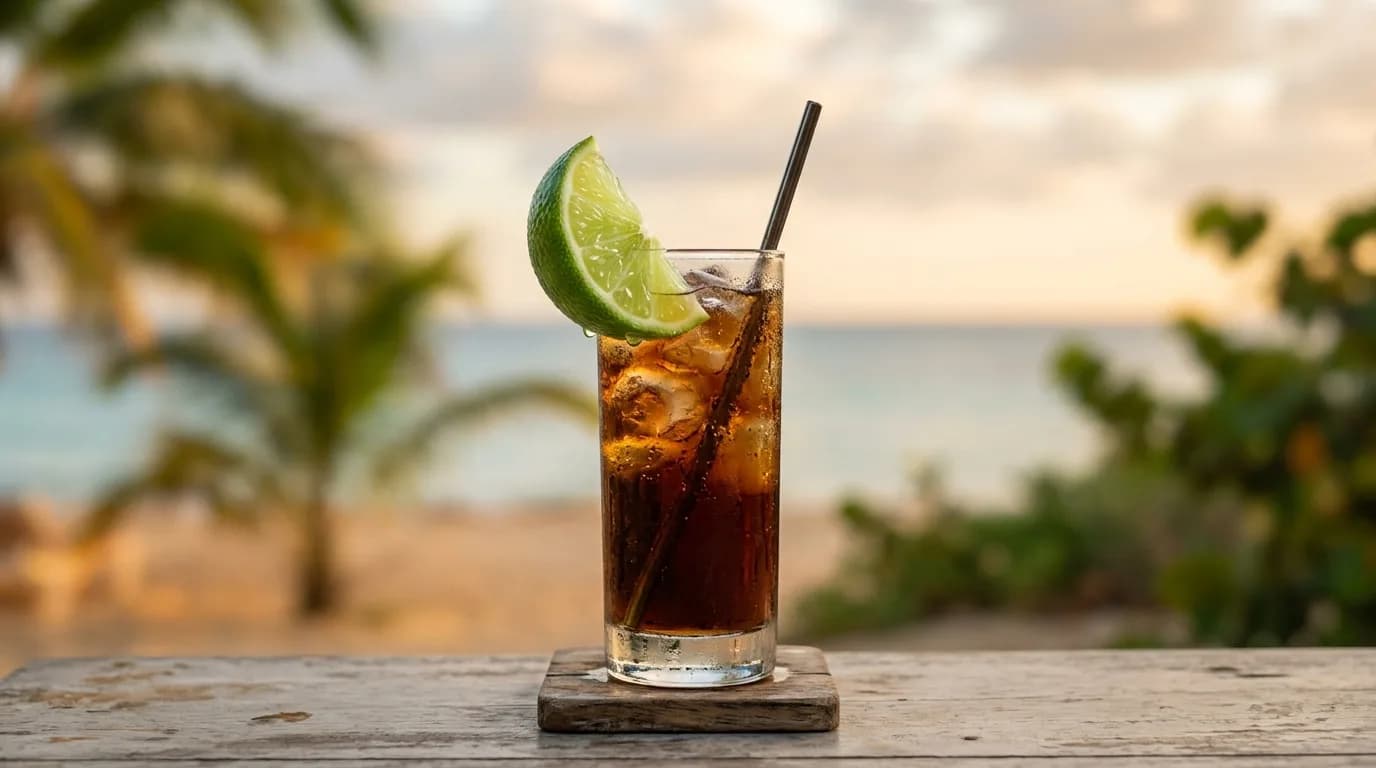 Ett högt glas med Cuba Libre cocktail, isbitar och lime garnering på en mörk bakgrund.