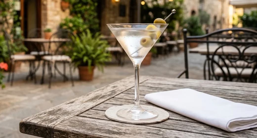 Ett glas torr martini på ett cafébord med oskarp bakgrund.