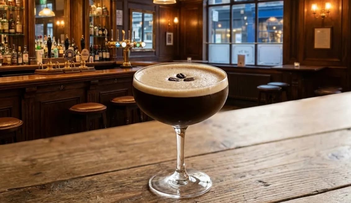 Ett glas Espresso Martini med kaffebönor och apelsinskal som garnering på en bar.