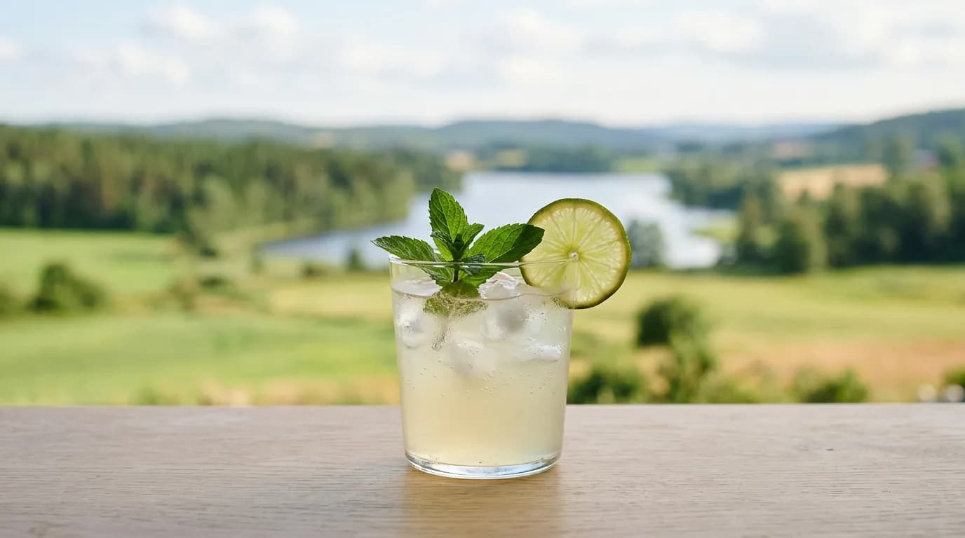Ett glas flädermocktail med is och garnering av fläderblommor och citronskiva.