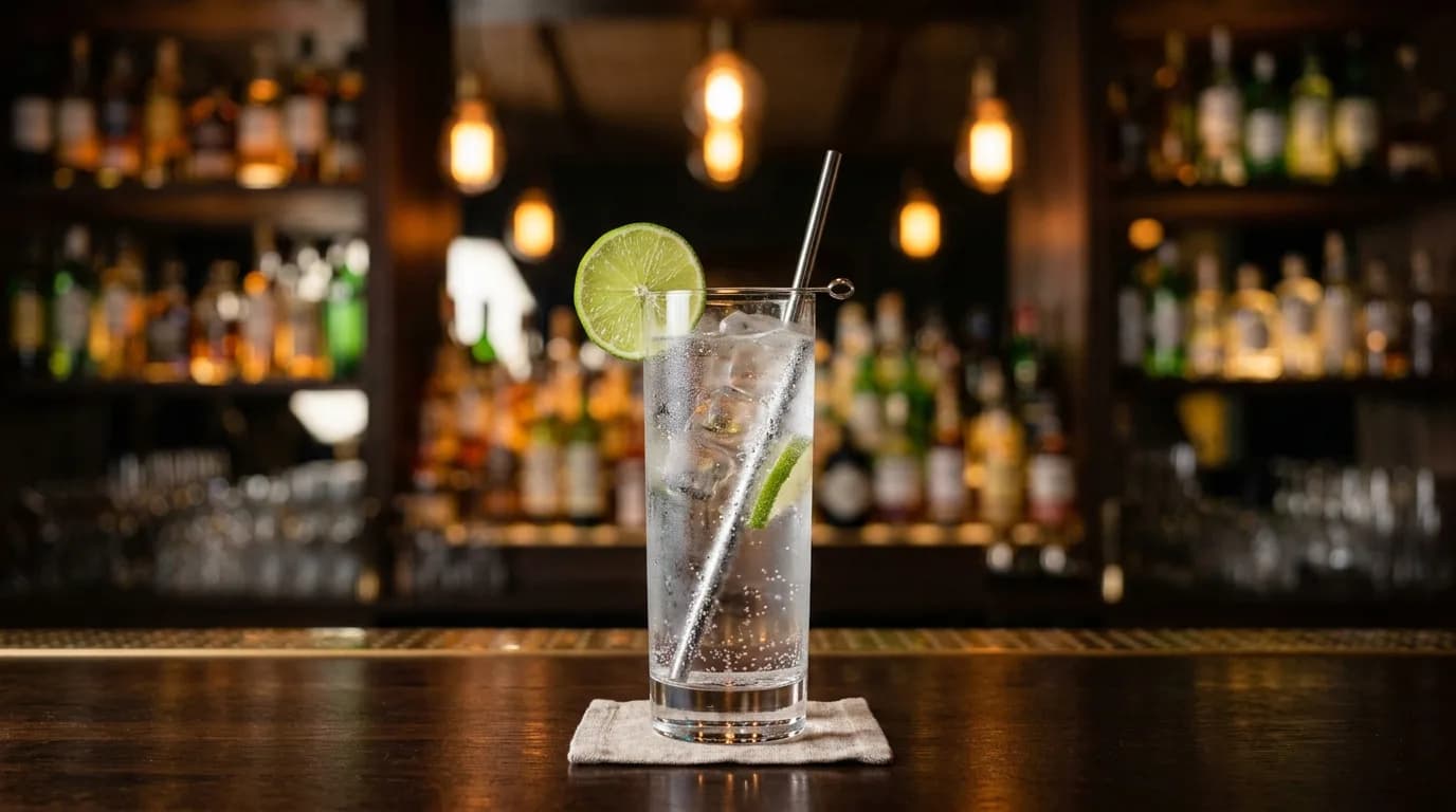 Ett högt glas med gin och tonic, isbitar och en citronskiva på en träbänk.