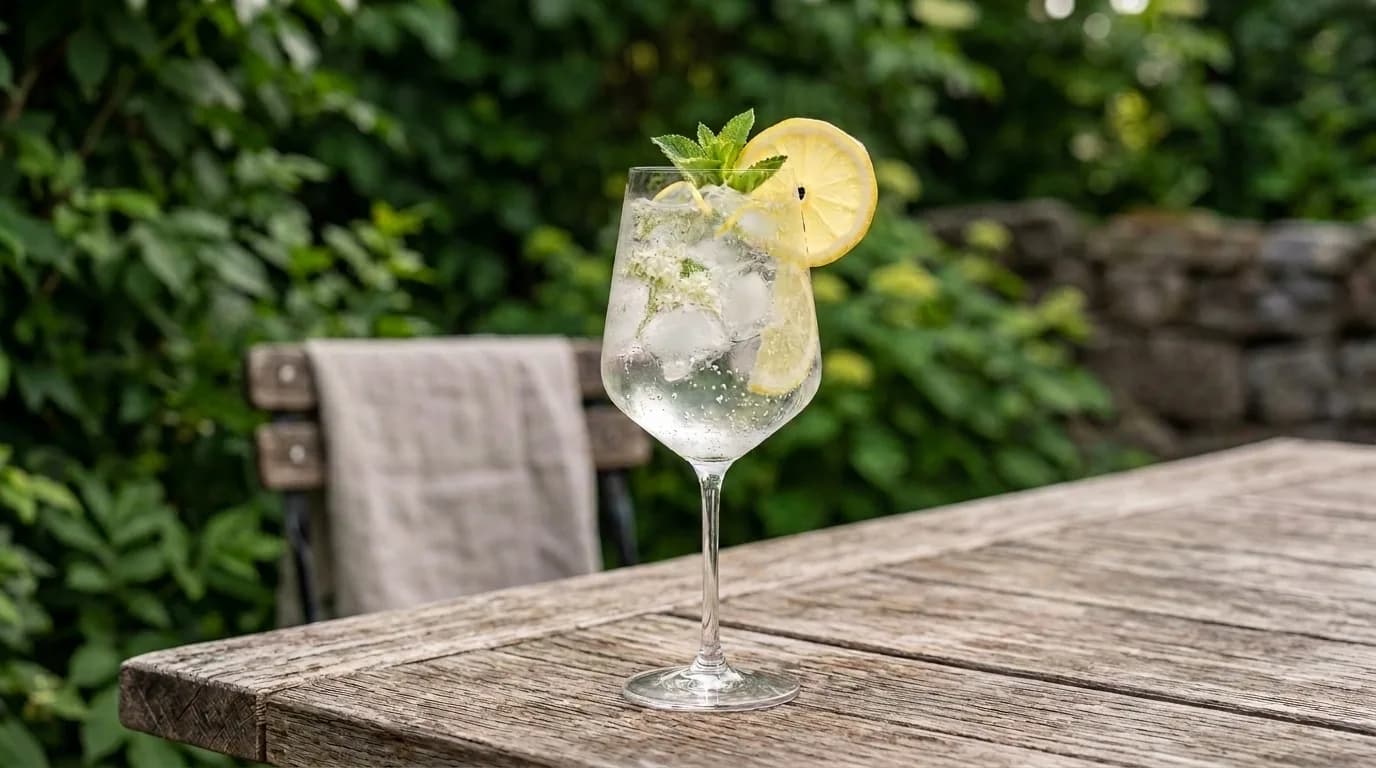 Glas med gin och fläderblomstonic garnerat med citronskiva och mynta