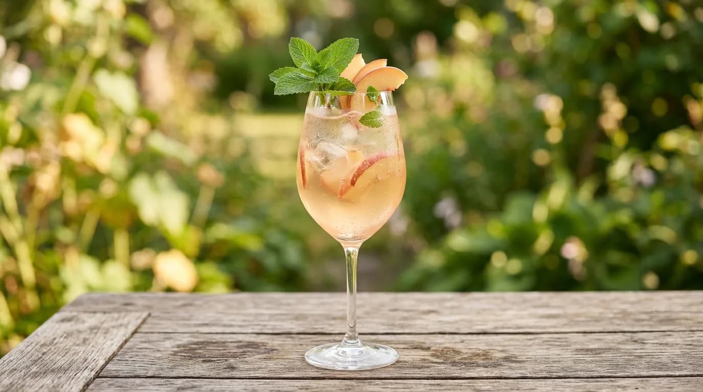 Ett glas rött vin bredvid en färsk persika på ett träbord