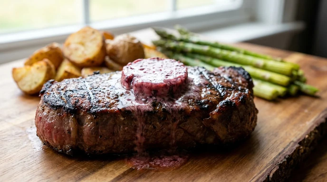 Grillad ryggbiff med rödvinssmör på en tallrik, garnerad med örter.