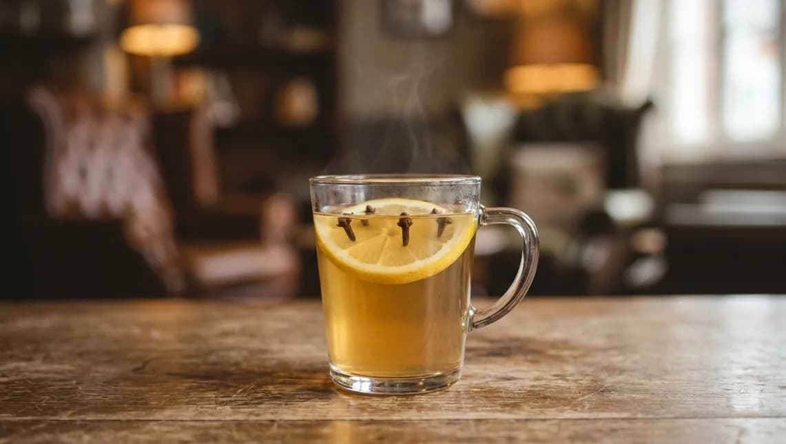 Varm toddy i glas med citronskiva och kanelstång