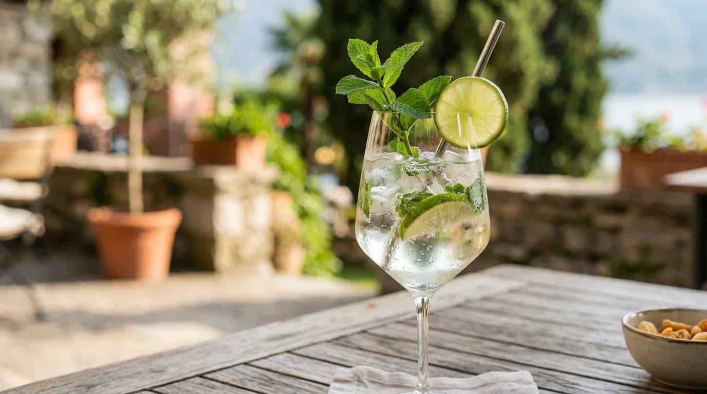 Ett glas Hugo Spritz garnerat med färsk mynta och isbitar.