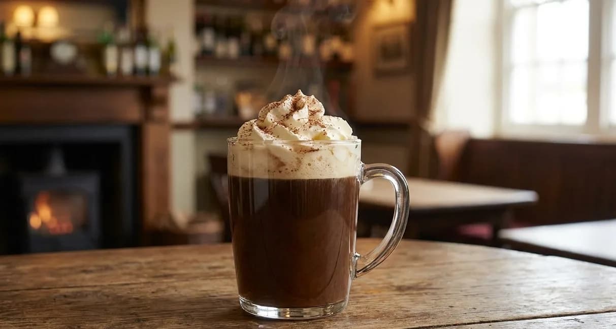 Ett glas Irish Coffee toppad med ett tjockt lager vispgrädde, serverad på ett fat.