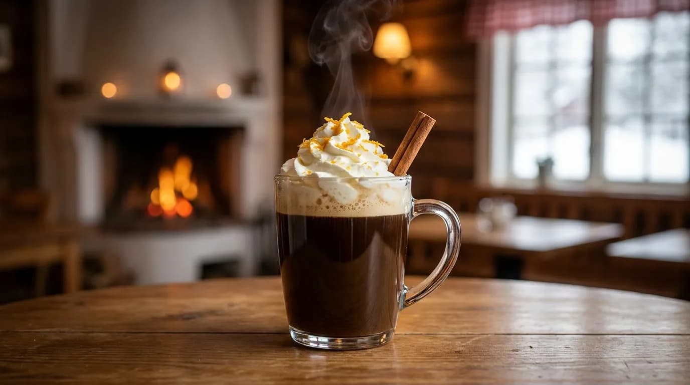 Kaffe Karlsson med vispad grädde i en vit kopp på ett fat.