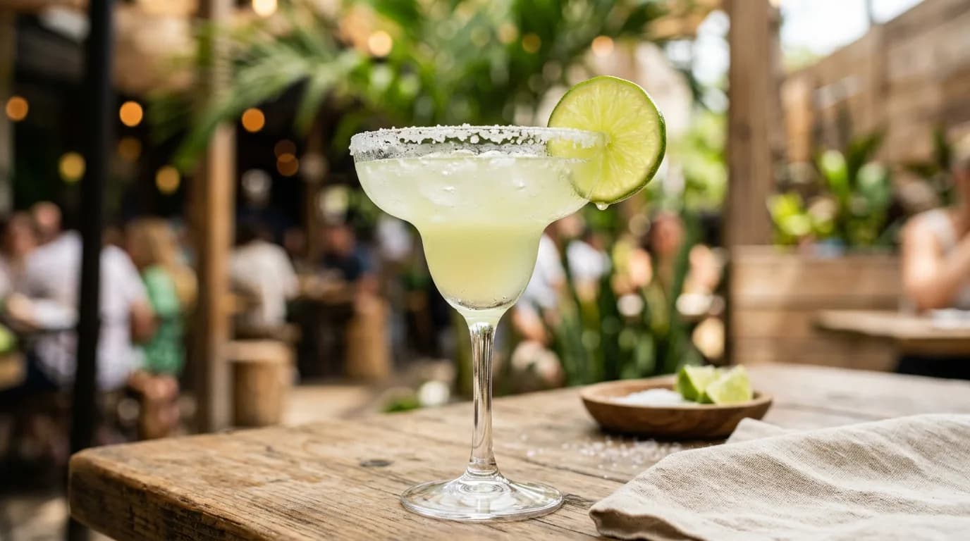 Ett glas margarita garnerat med salt på kanten och en limeklyfta.