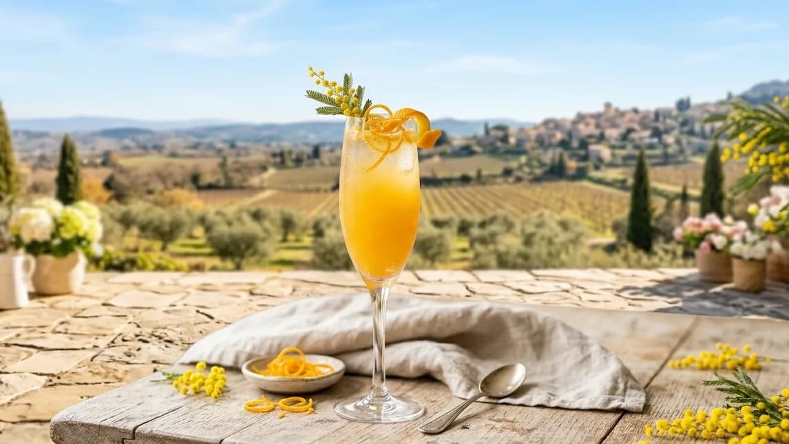 Ett glas mimosa cocktail garnerad med apelsinzest