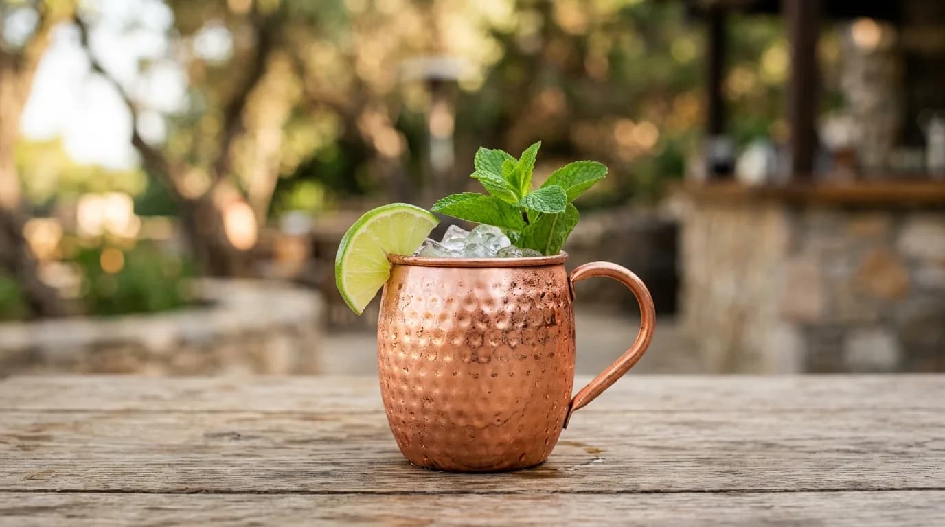 En Moscow Mule serverad i en traditionell kopparmugg med is och lime