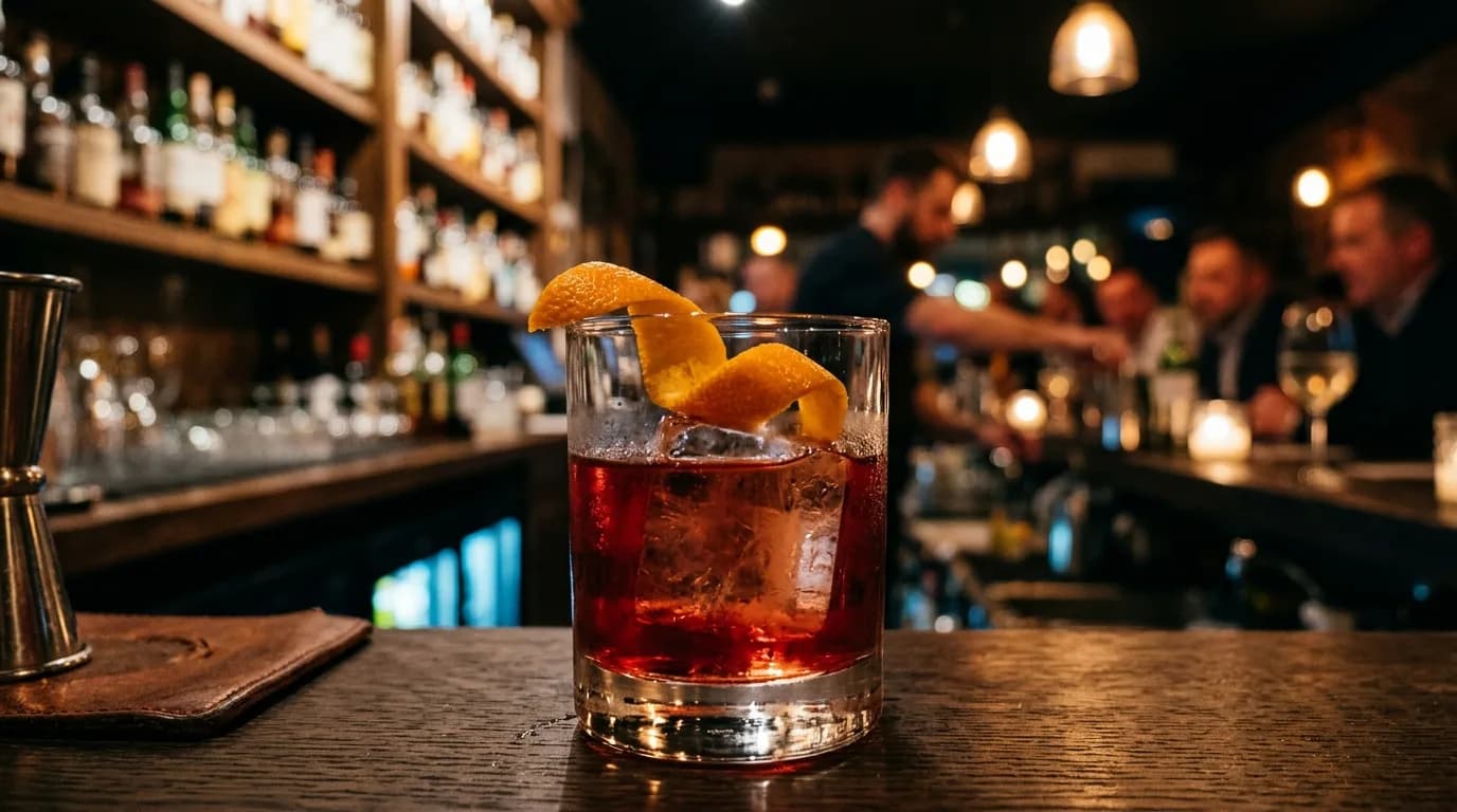 Ett glas Negroni med apelsinskal som garnering, mot en mörk bakgrund.