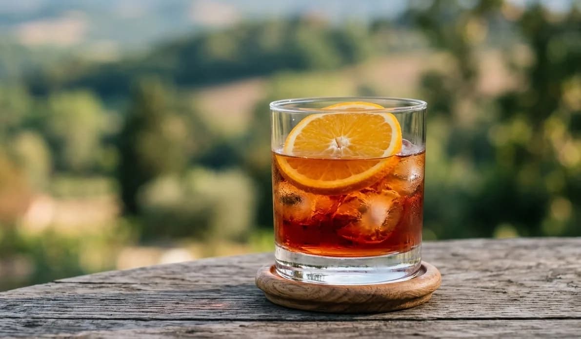 Ett glas No-Groni cocktail med apelsinskiva på en bar.