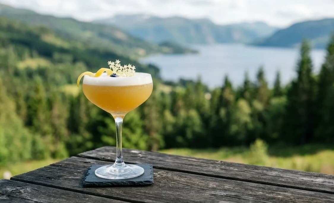 Ett uppfriskande glas Nordic Summer Sour cocktail garnerad med citronzest.