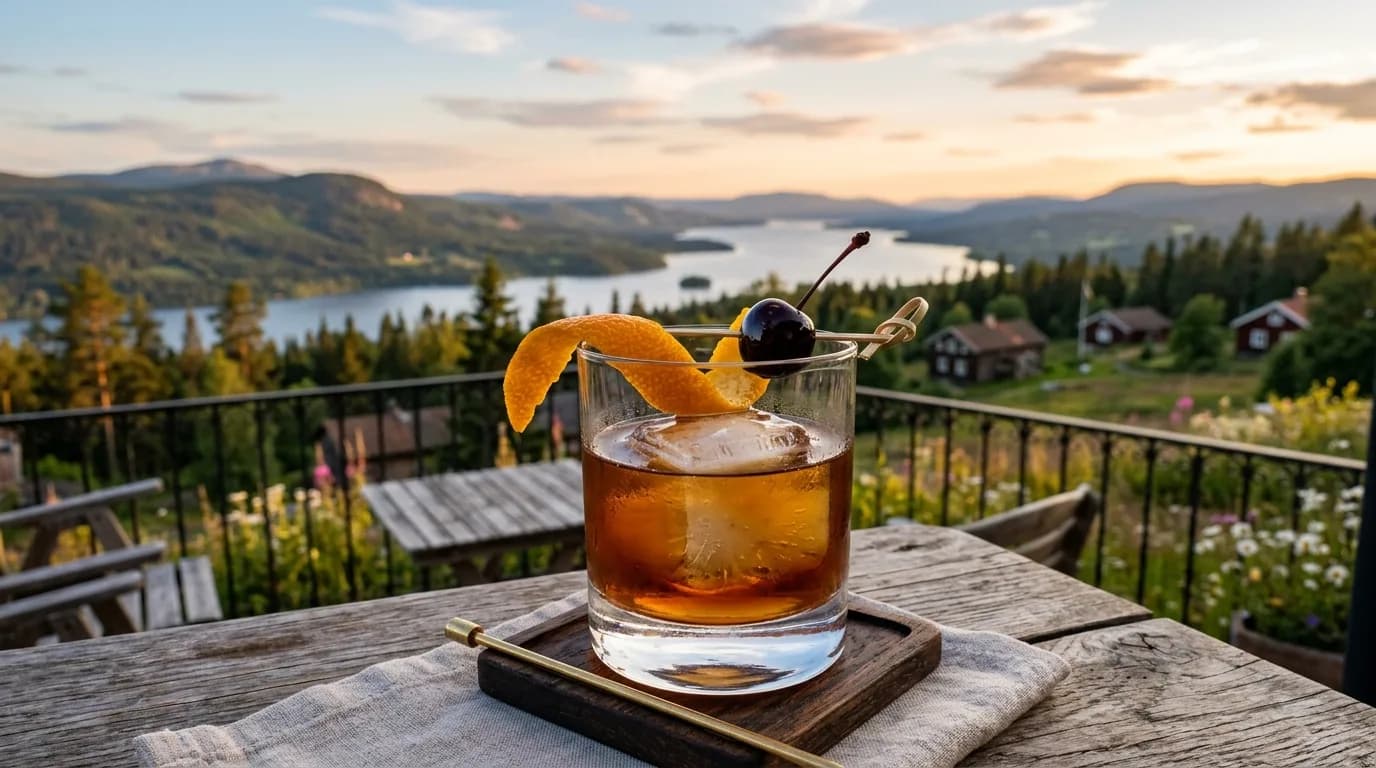 Ett glas Old Fashioned cocktail garnerad med en twist av citronzest på en bar.