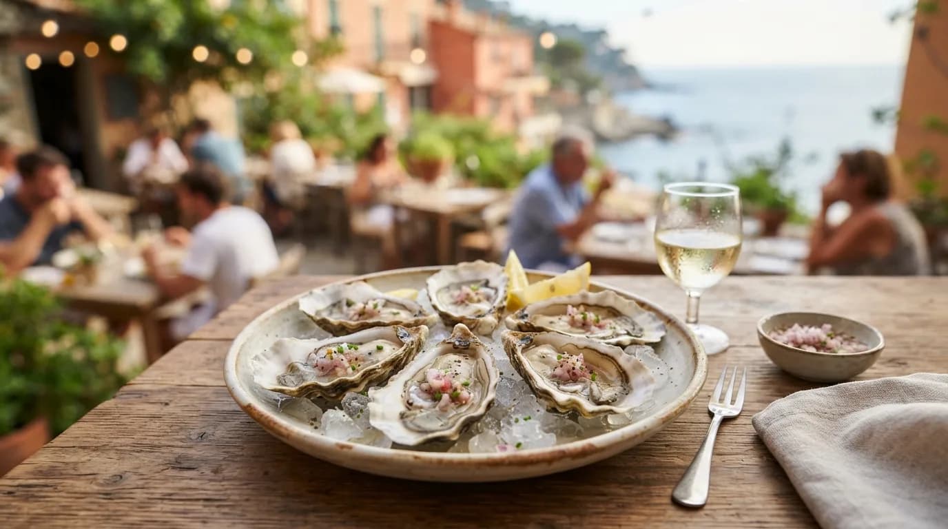 Färska ostron serverade med mignonette-sås på en tallrik med oskarp bakgrund.