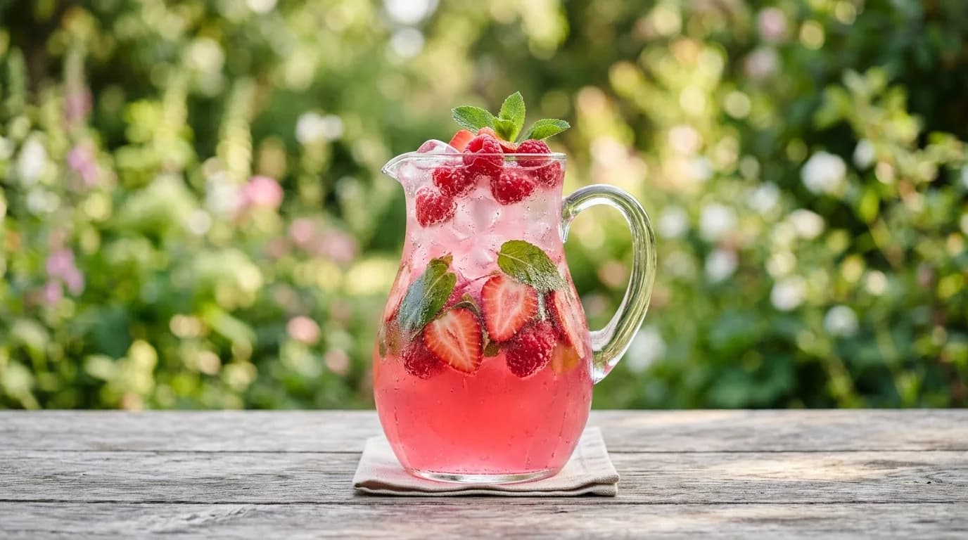 Tillbringare med Pink Gin Spritz, isbitar och citronskivor på ett serveringsfat.