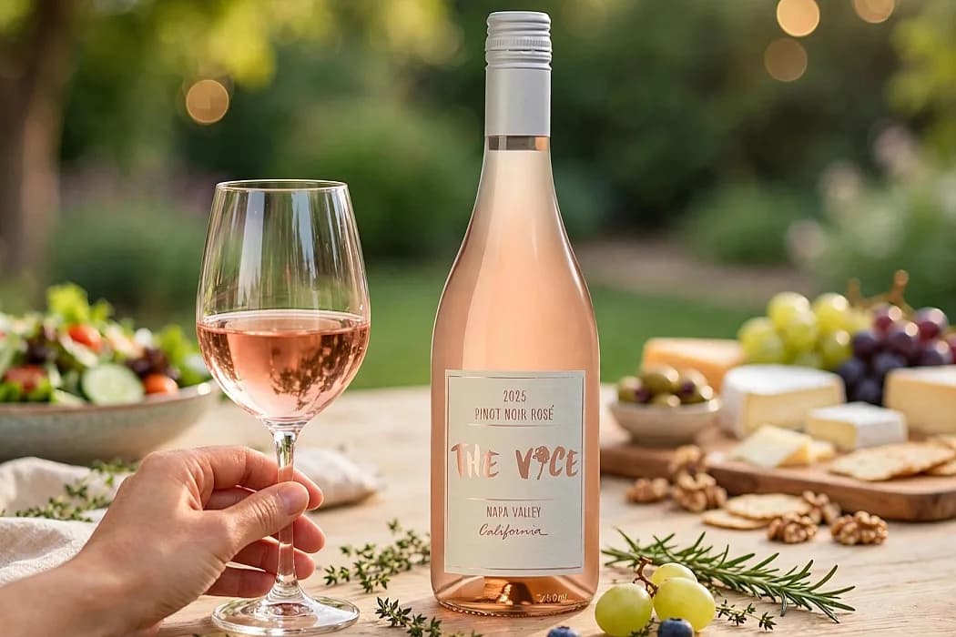 Omslagsbild med ett glas pinot noir rosévin mot en ljus bakgrund.