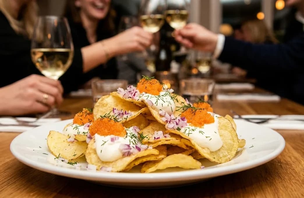 Potatischips toppade med löksillrom på en vit tallrik.