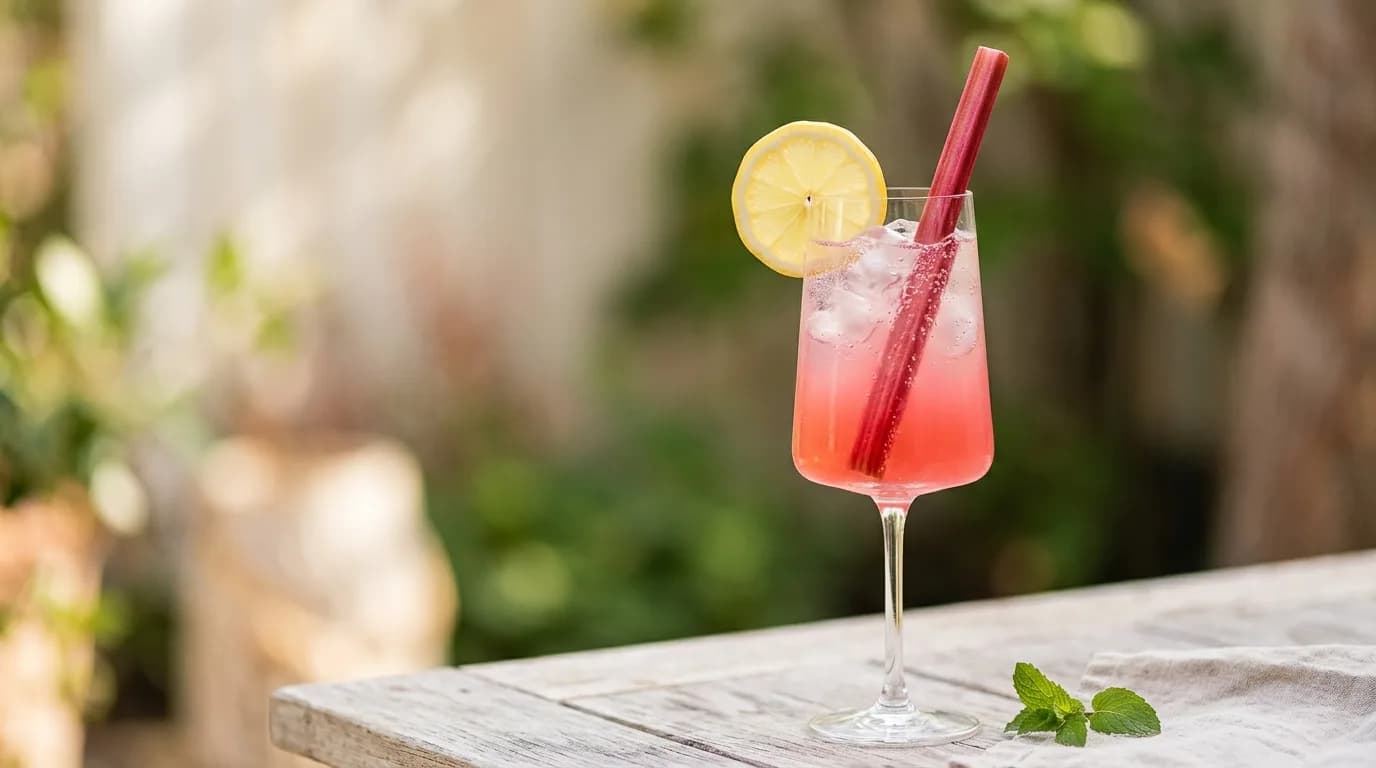 Ett glas Rabarber Collins cocktail med is, garnerat med rabarber och mynta.