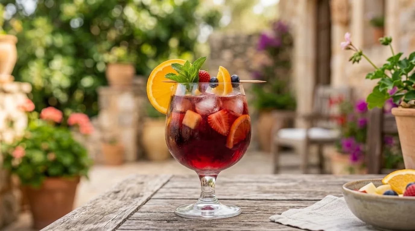 Ett glas röd sangria med is och färsk frukt som apelsin, äpple och citron.