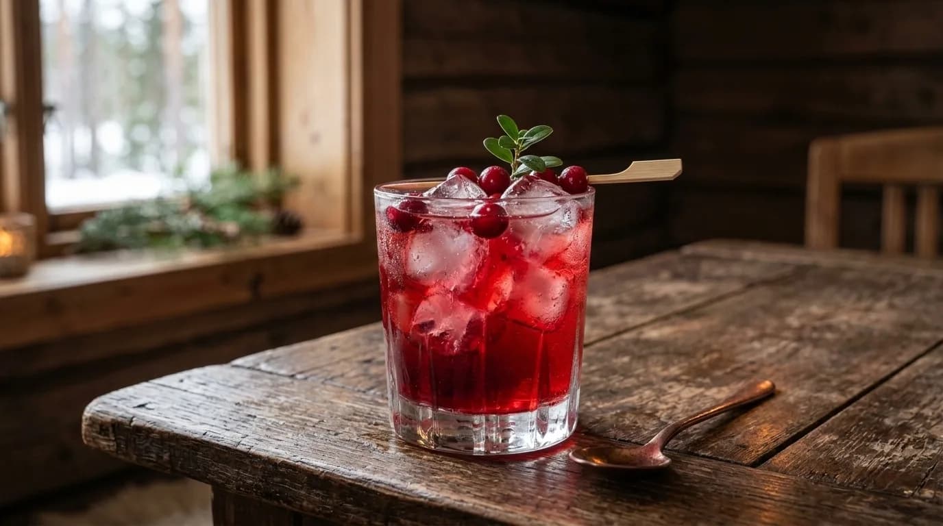 Vargtass-cocktail med lingon och is i ett glas på en träbricka.