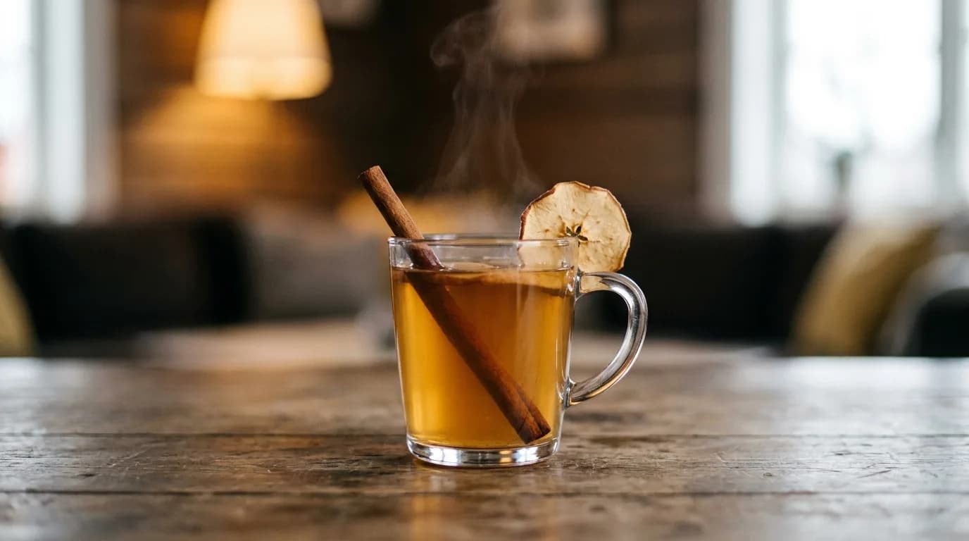 Varm äppeldryck i glas med kanelstång och äppelskiva som garnering.