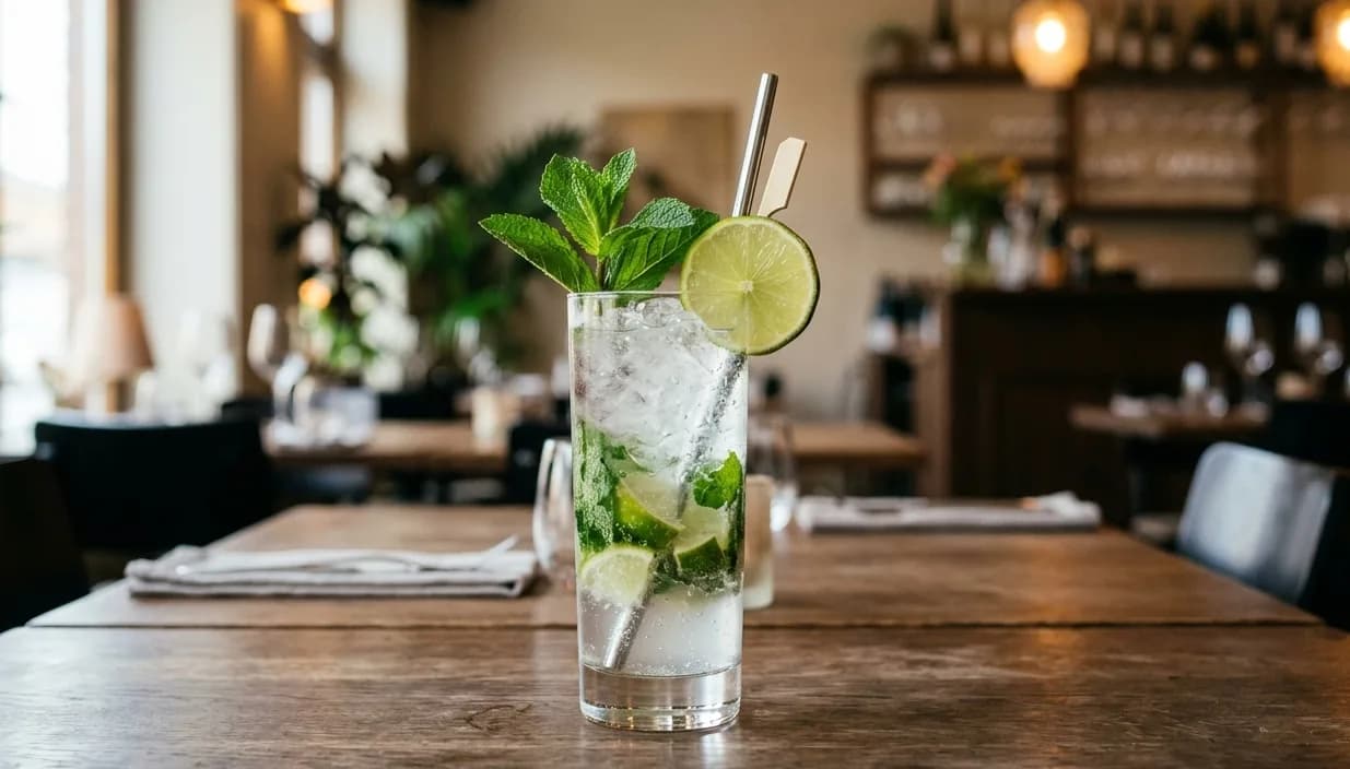 Ett högt glas med virgin mojito, mynta, lime och is