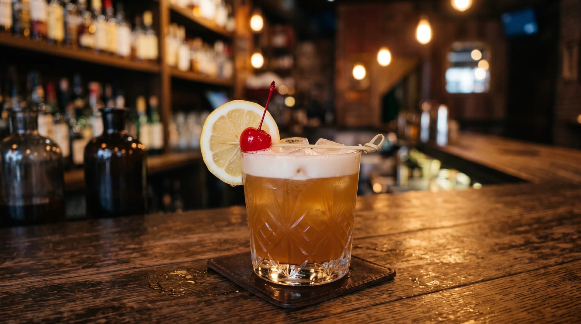 Ett glas Whiskey Sour med is, garnerat med apelsinskal och cocktailbär.