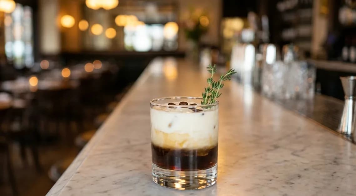 Ett glas White Russian cocktail med is och garnering på en bar.