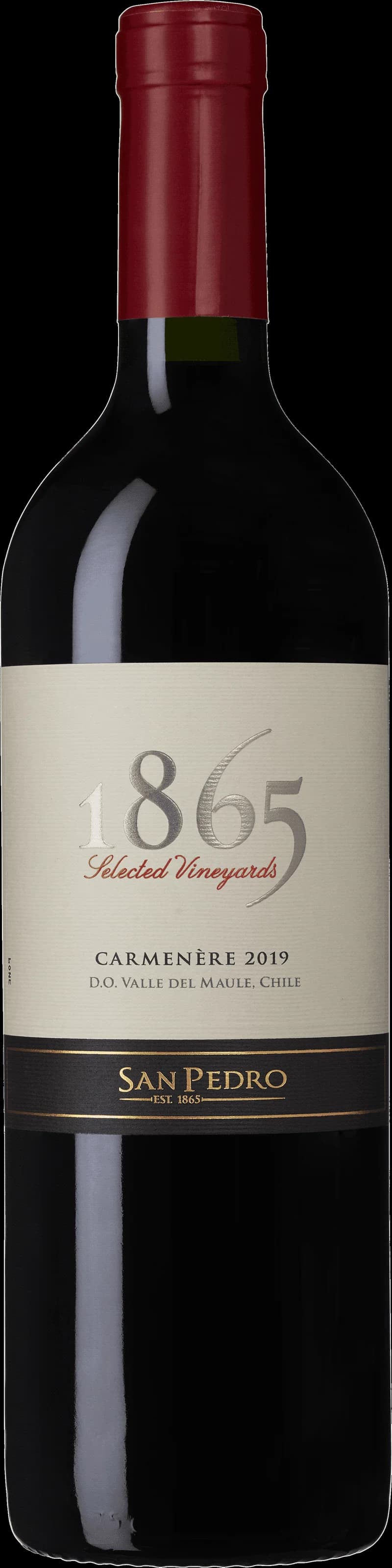 Flaska av 1865 rött vin på en mörk bakgrund.