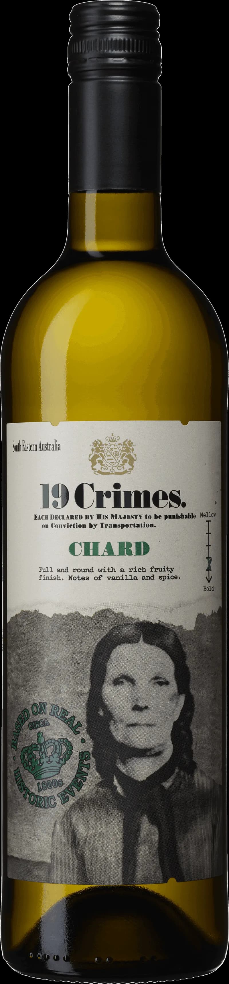 Flaska av 19 Crimes vitt vin på en bakgrund