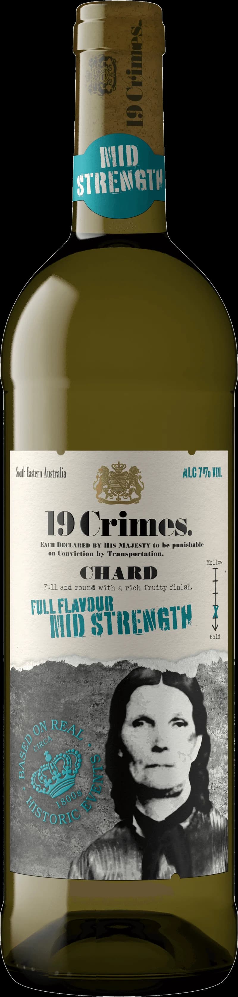 Flaska 19 Crimes vitt vin mot neutral bakgrund