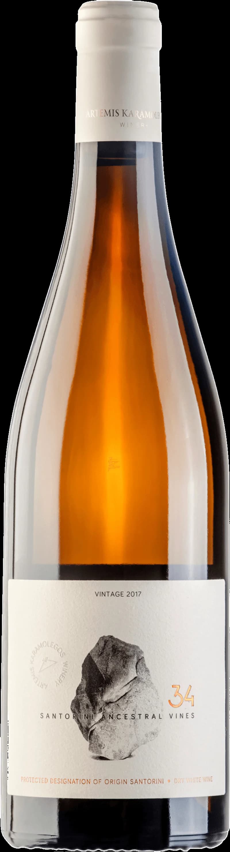Flaska och glas med Assyrtiko vitt vin från Grekland