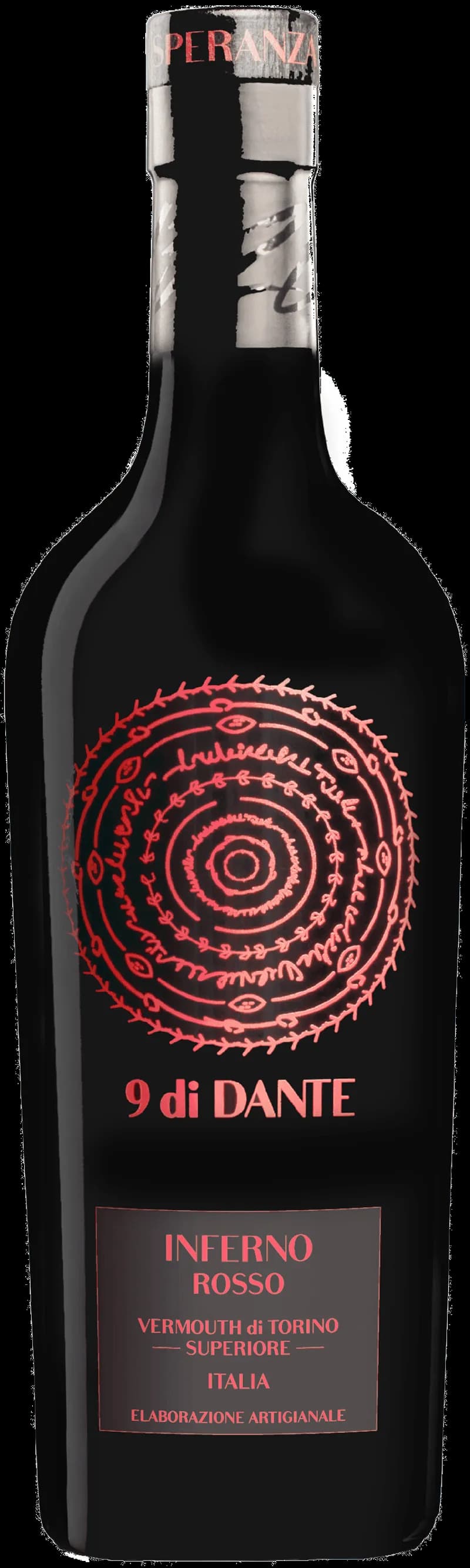 Flaska med 9 Di Dante Inferno Rosso Vermouth på en bordsservering.