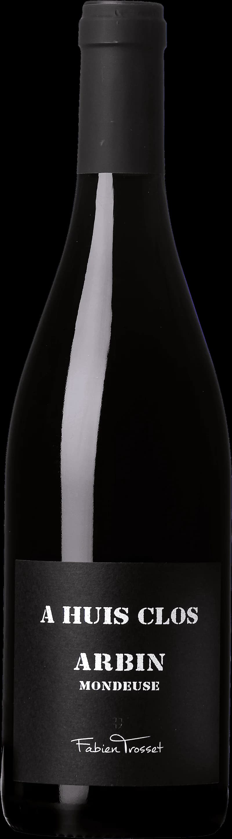 Flaska av rött vin från A huis clos, Arbin Mondeuse, med etikett.