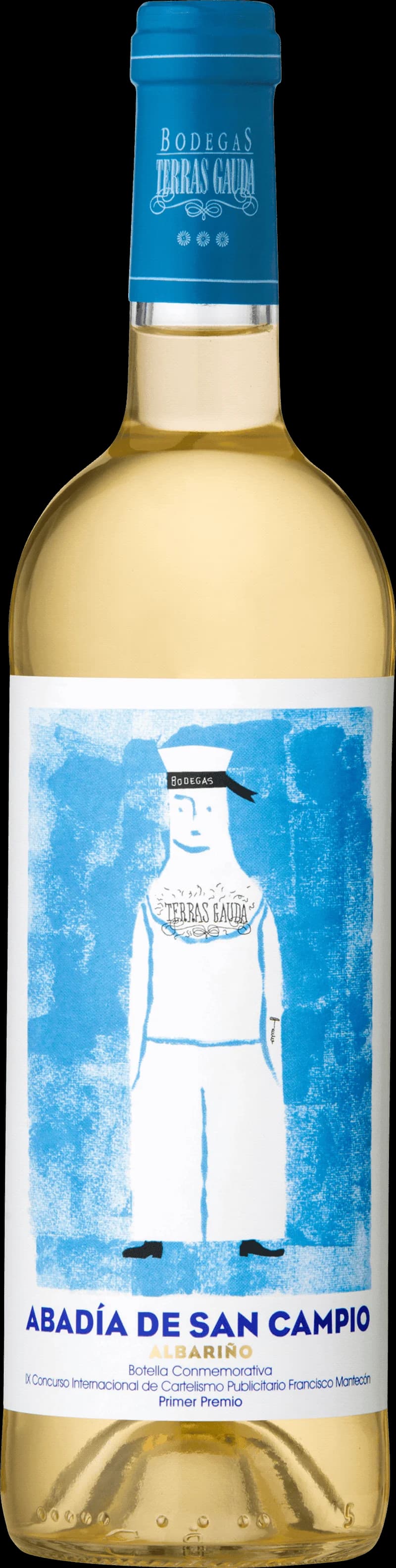 Flaska av Abadia de San Campio vitt vin mot en neutral bakgrund.