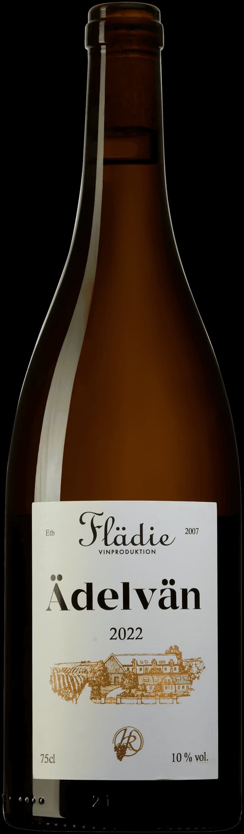 Flaska ädelvitt vin med gyllene toner, serverat i kristallglas.