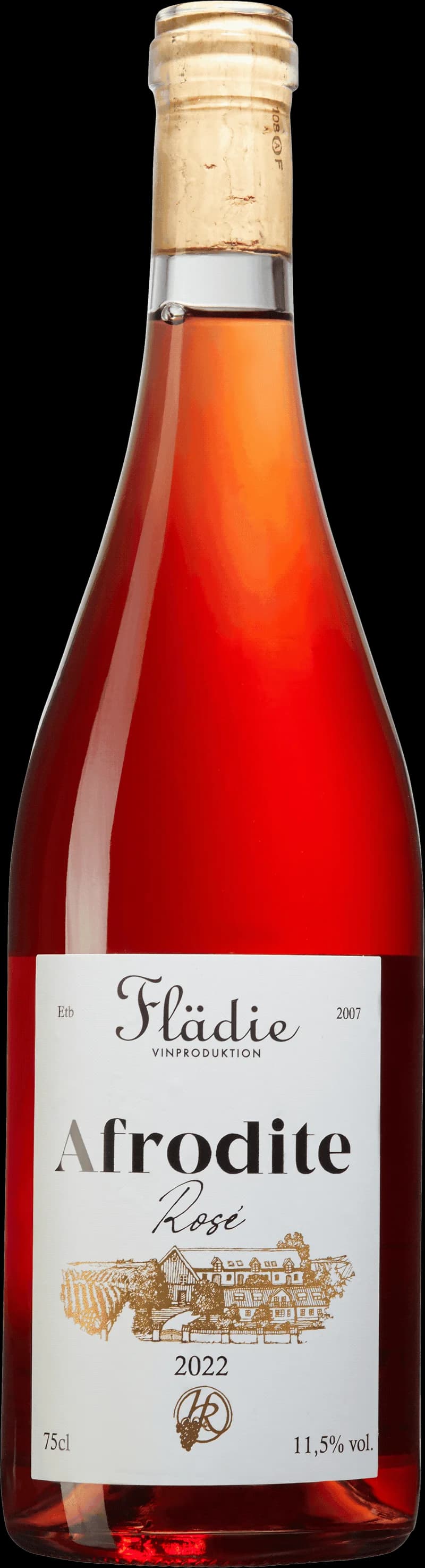 Flaska och glas med Afrodite rosévin mot ljus bakgrund.