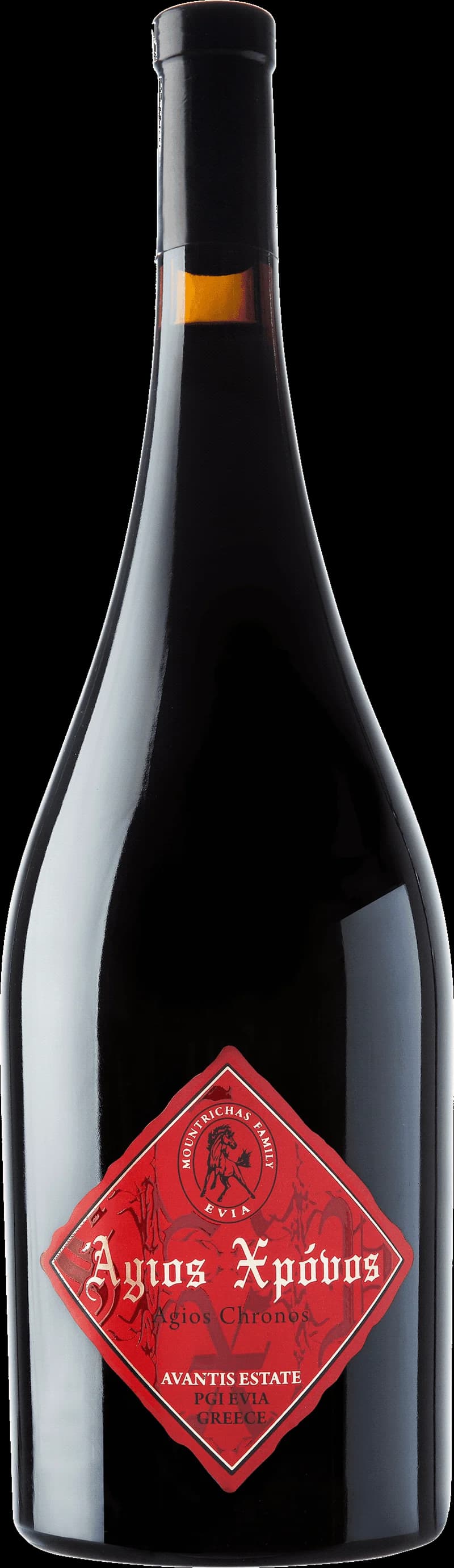Flaska av rött vin från Agios Chronos
