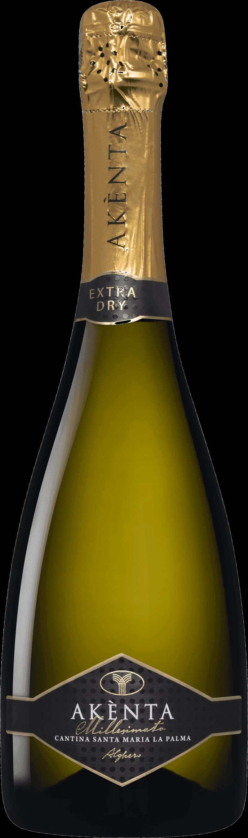 Flaska med Akenta Spumante Extra Dry Vermentino mousserande vin.