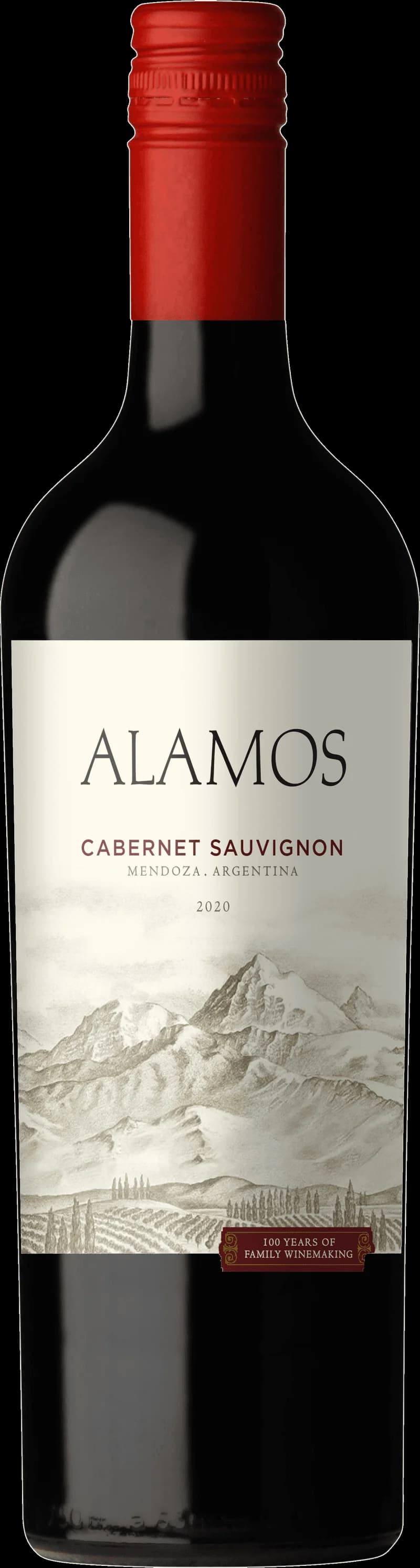 Flaska av Alamos rött vin med etikett och vin i glas