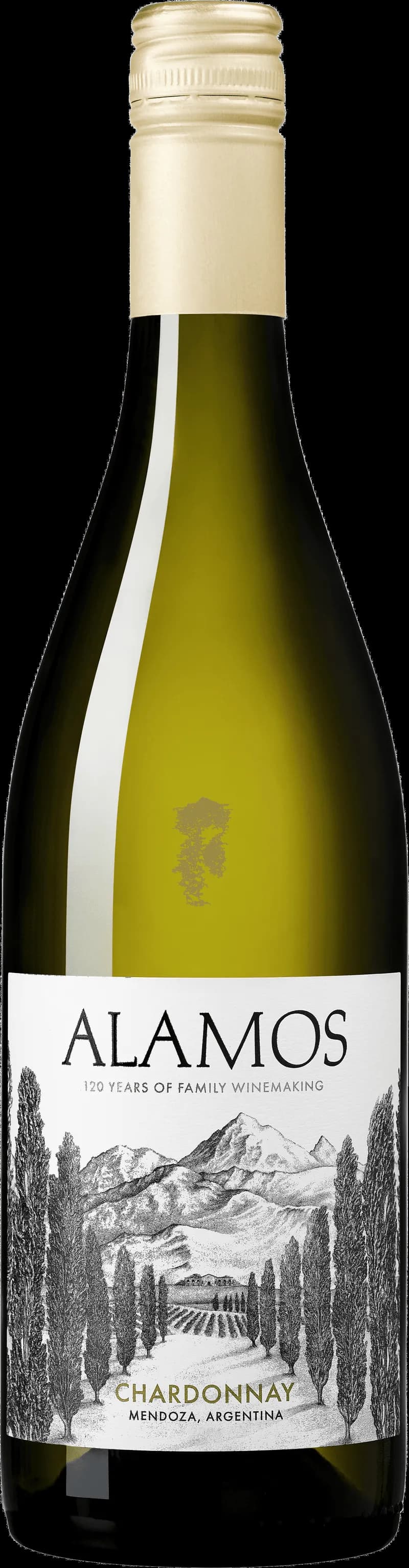 Flaska av Alamos vitt vin mot en ljus bakgrund.